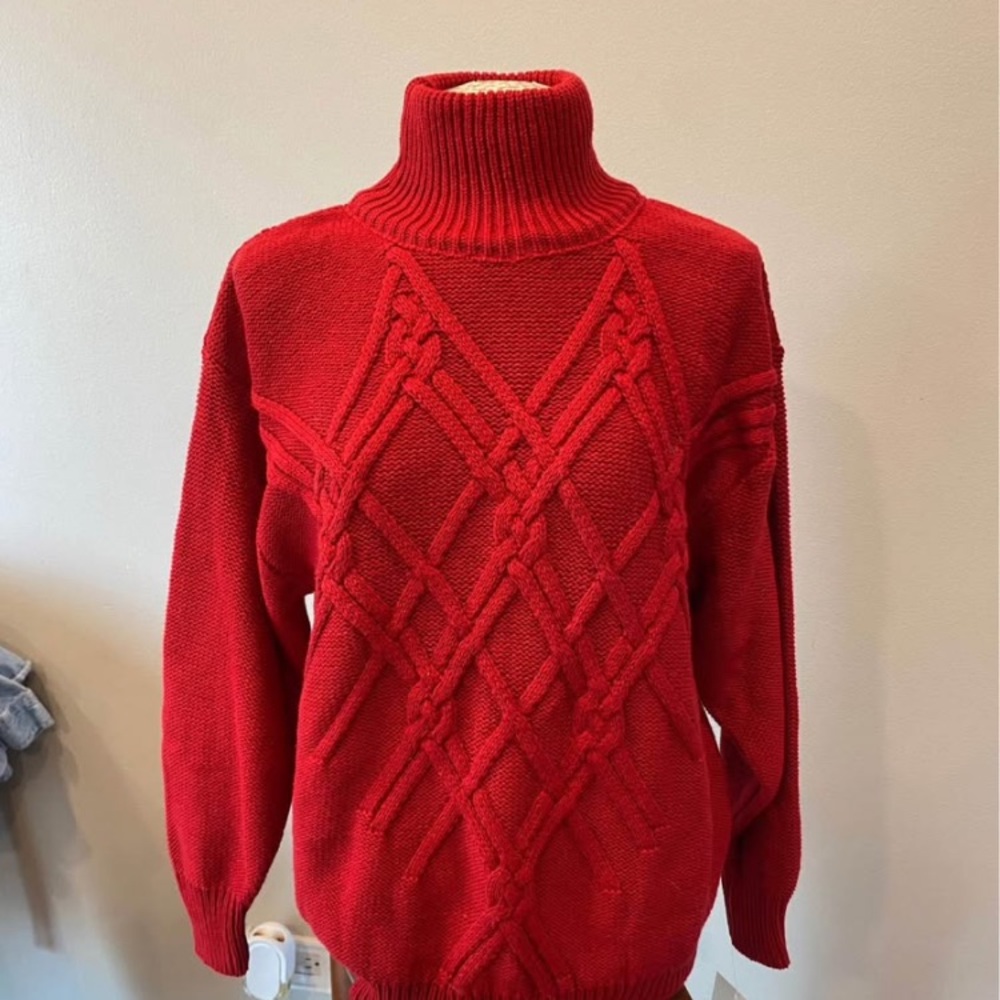 Vintage Red Cable Knit Turtleneck Sweater